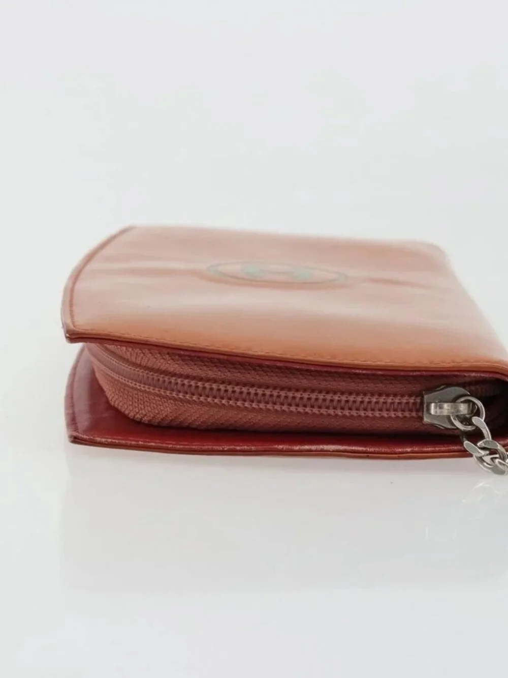 CHANEL Long Wallet Patent leather Orange Silver CC Auth bs34871
